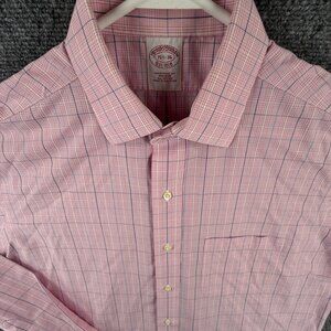 Brooks Brothers Adult Cotton Button Up Shirt 15.5 36 Traditional Fit Pink Plaid